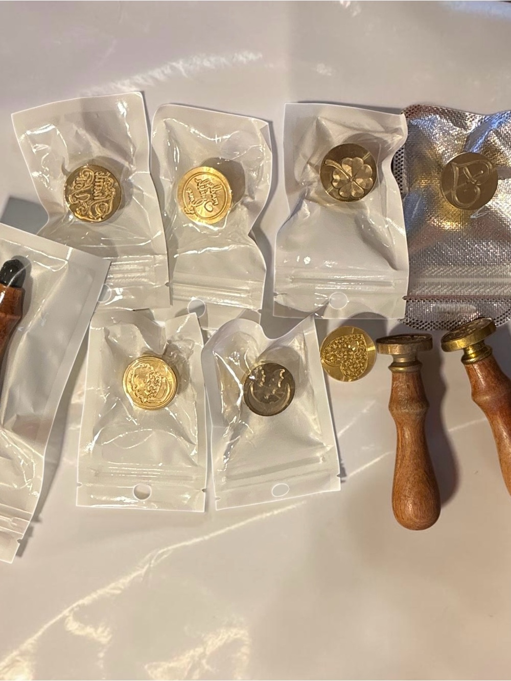 Set of 9 Wax Seal Stamps Brass Heads 3 Wood Handles Wedding Invitations
